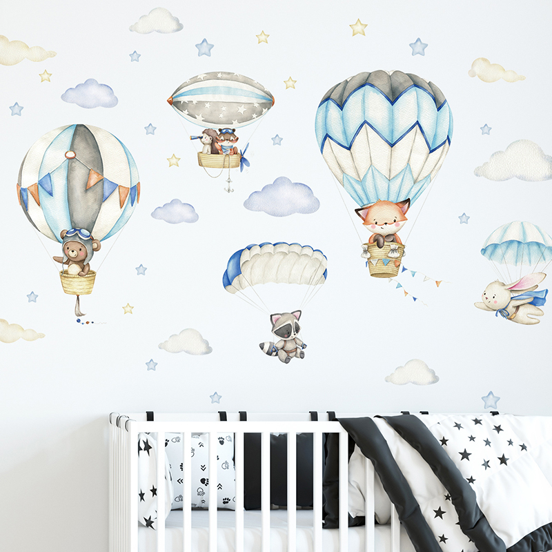 Baby Nursery Vinyl - Cartoon Cute Animals Hot Air Balloon