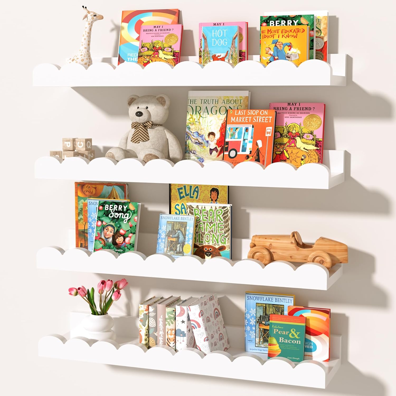 Baby Nursery Floating Shelves - Set of 4 white scalloped floating